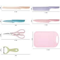 6-Piece Colorful Kitchen Knife Set - 6 Colored Stainless Steel Knives with Sheaths, Cutting Board, a pair of scissors, and a peeler