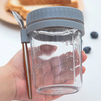 KAUKKO Overnight Oats Jars with Lid and Spoon Set of 2，350 ml Airtight Oatmeal Container with Measurement Marks, Mason Jars with Lid,Grey