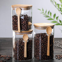 KAUKKO Glass Storage Jar with Wood Lids and Spoon, Airtight Sealed Clear Borosilicate Glass Canister Kitchen Food Storage Containers,1500 ml
