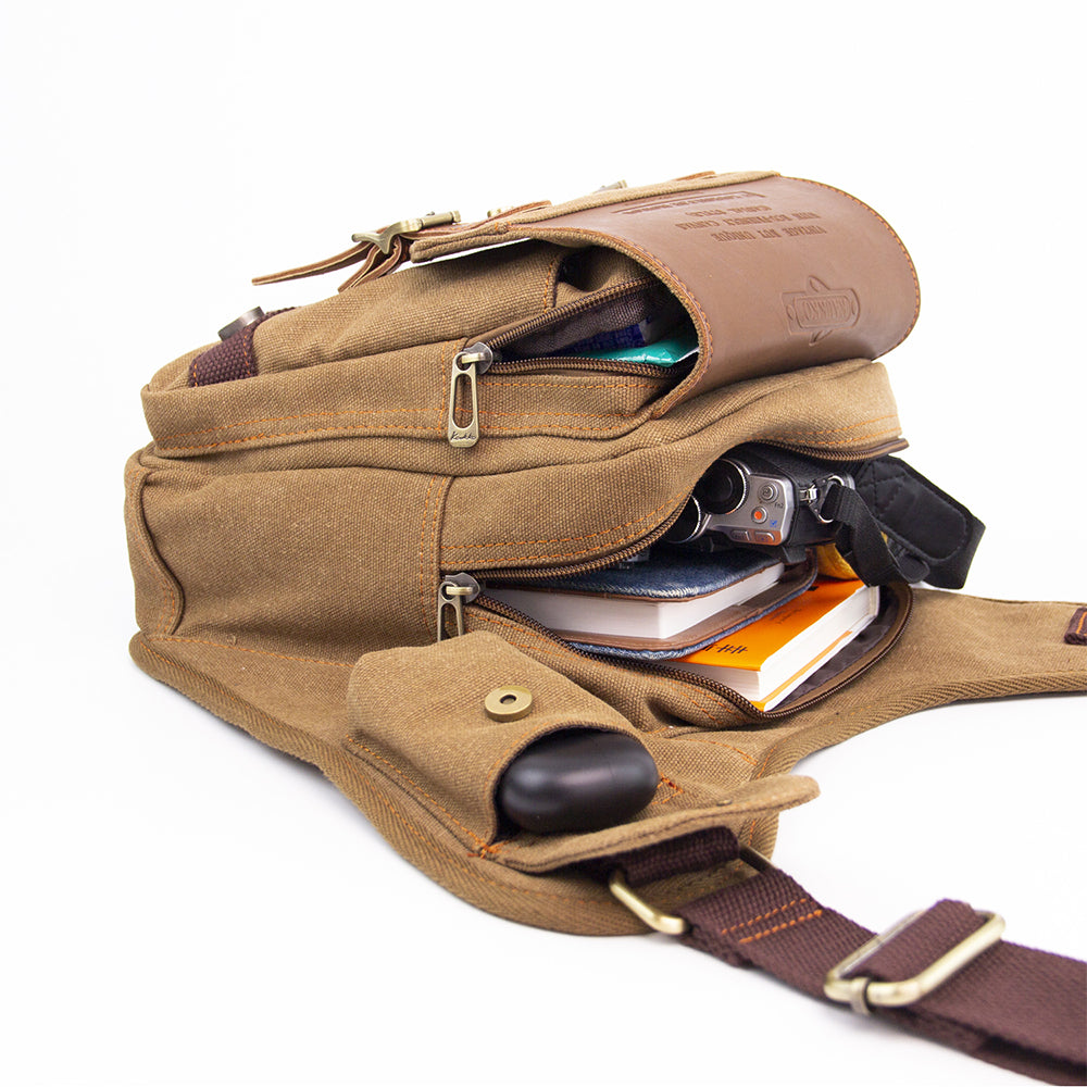 Retro Casual Shoulder Bag Sports Canvas Laptop Crossbody Bag ( khaki ) - kaukko