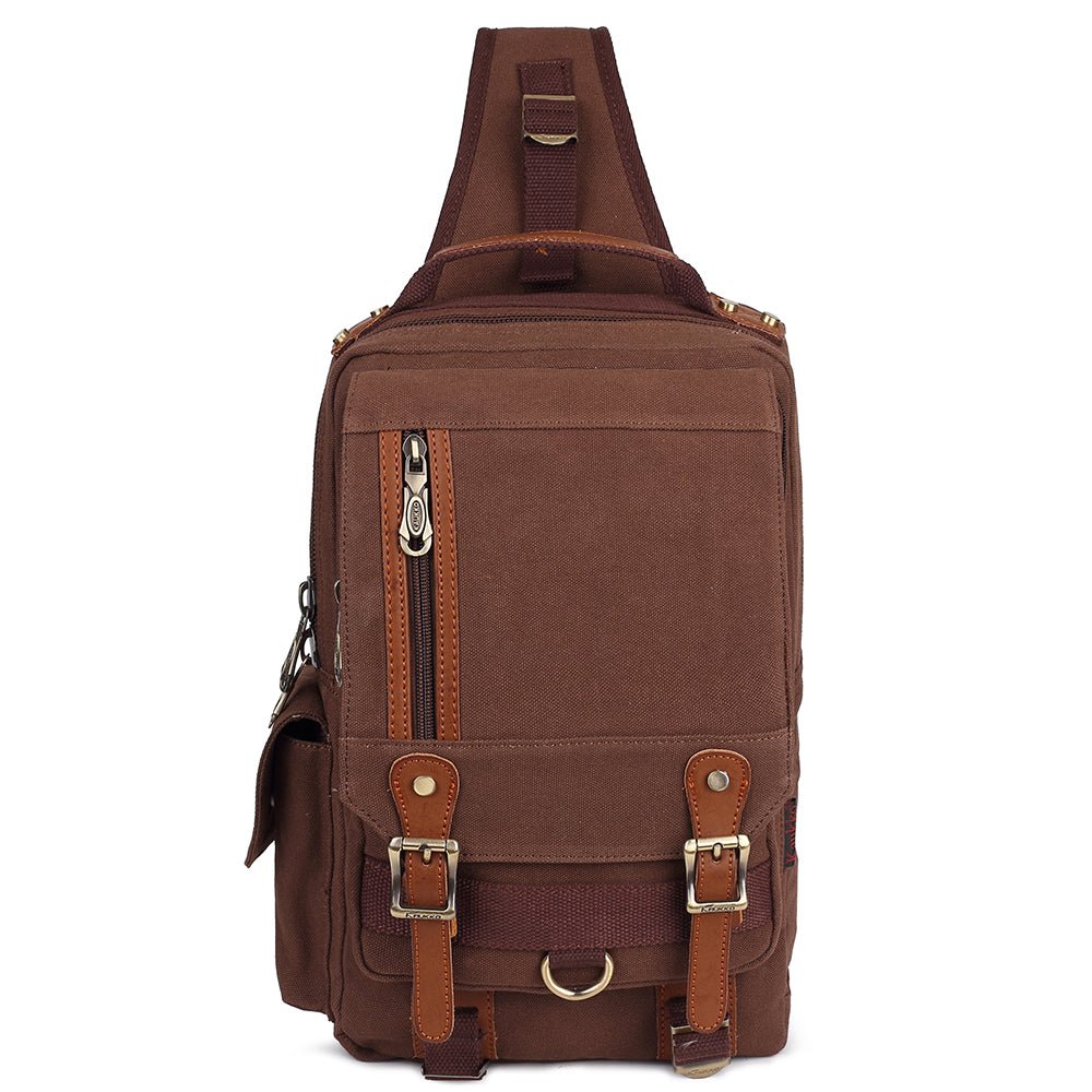 KAUKKO Canvas Crossbody Sling Bag Backpack for Cycling, Hiking, Camping, and Commuting, FD252 ( Coffee ) - kaukko