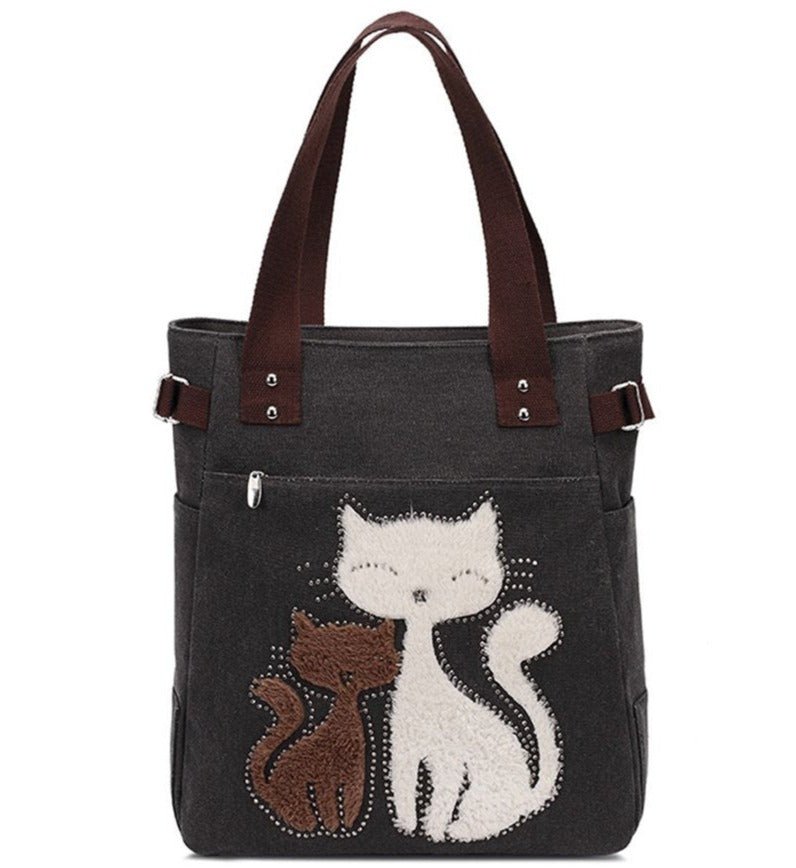 KAUKKO Cute Cat Totes Women Canvas Handbags ( BLACK) - kaukko