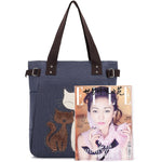 KAUKKO Cute Cat Totes Women Canvas Handbags ( Blue ) - kaukko