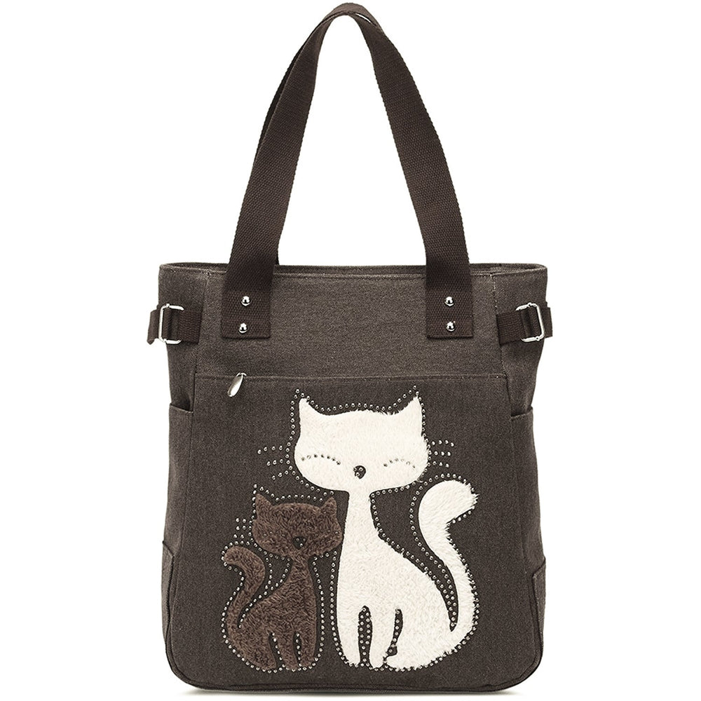 KAUKKO Cute Cat Totes Women Canvas Handbags ( Coffee ) - kaukko