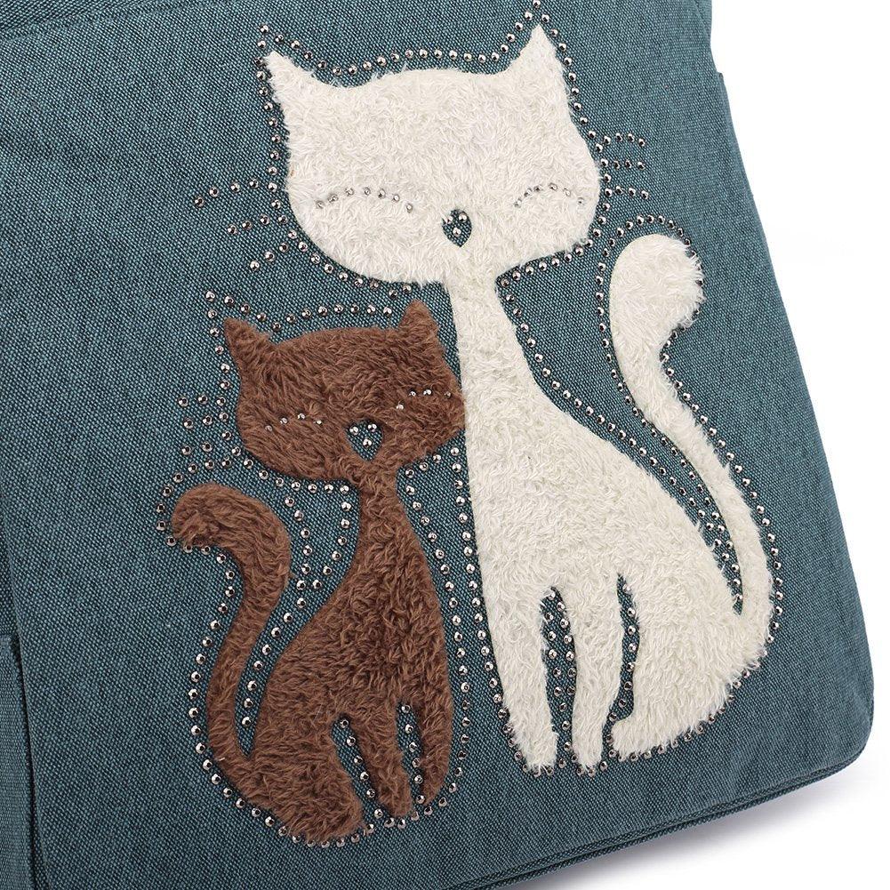 KAUKKO Cute Cat Totes Women Canvas Handbags ( Green) - kaukko